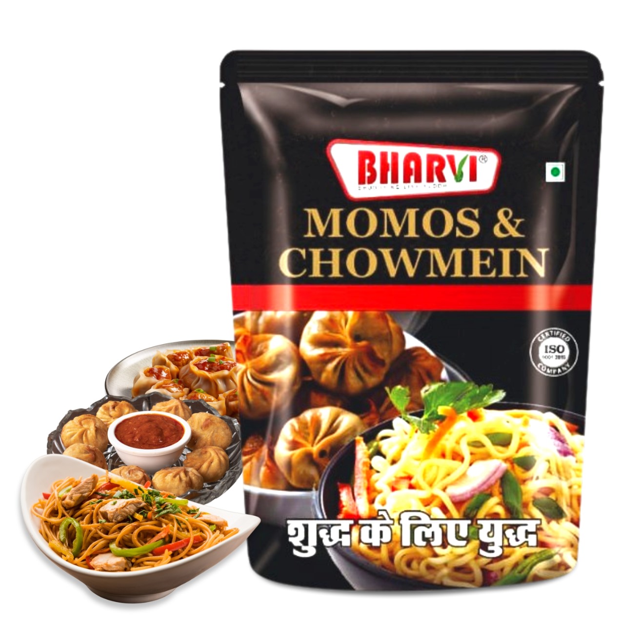 Bharvi All-in-One Momos and Chowmein Masala spice blend packet or jar, designed for preparing all Chinese dishes easily.