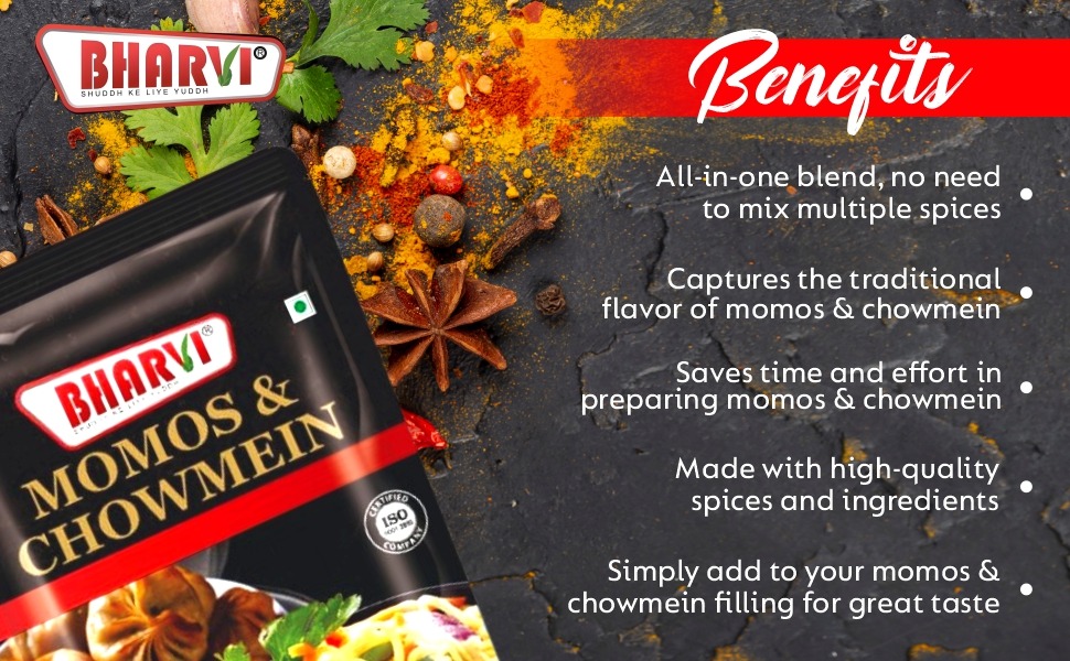 Bharvi All-in-One Momos and Chowmein Masala spice blend packet or jar, designed for preparing all Chinese dishes easily.