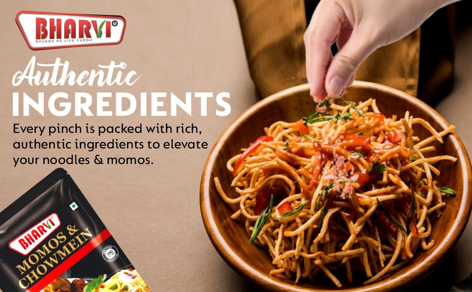 Bharvi All-in-One Momos and Chowmein Masala spice blend packet or jar, designed for preparing all Chinese dishes easily.