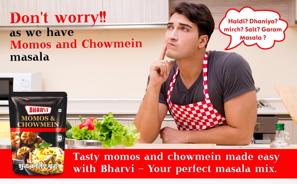 Bharvi All-in-One Momos and Chowmein Masala spice blend packet or jar, designed for preparing all Chinese dishes easily.