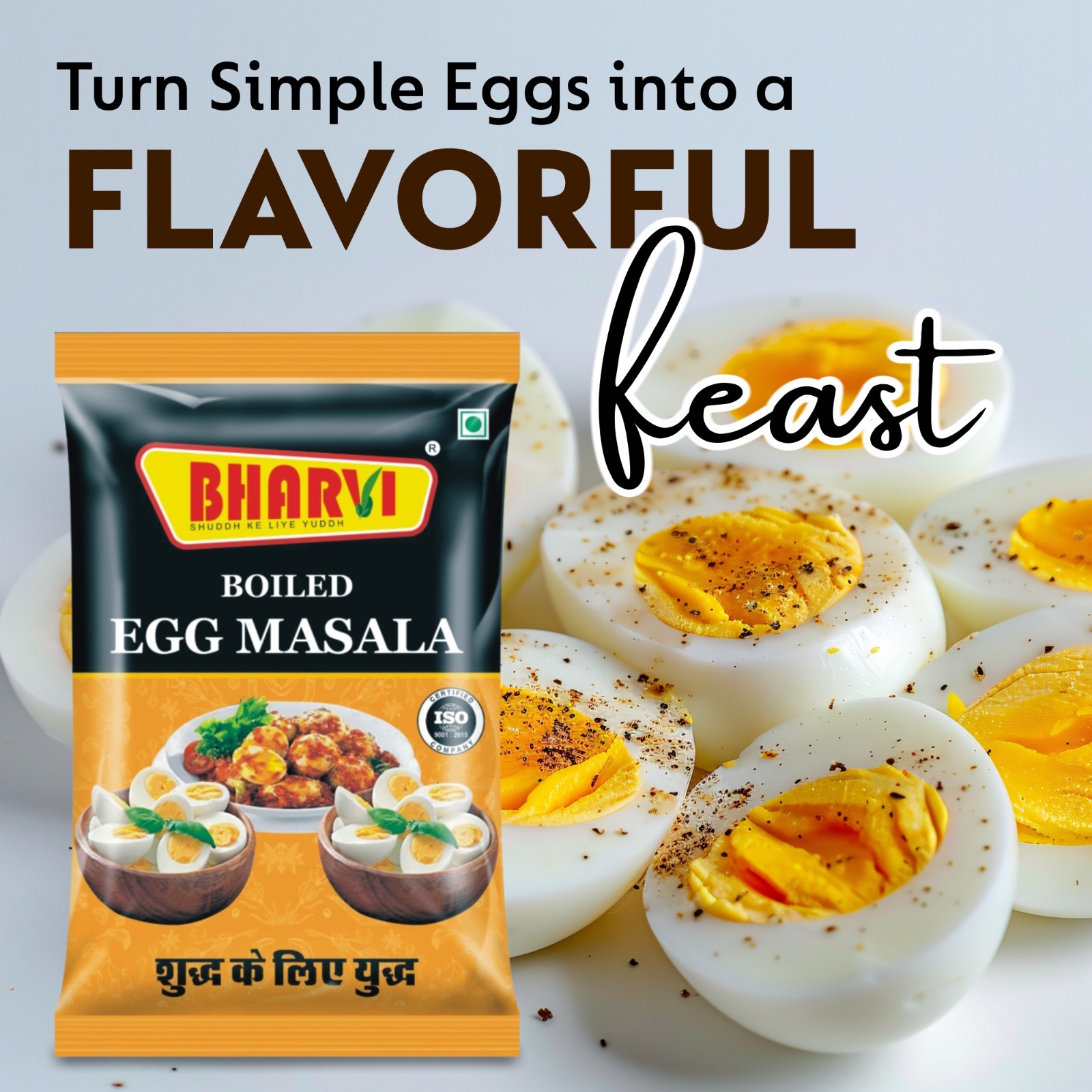 Bharvi Boiled Egg Masala spice blend product packaging, used for seasoning boiled eggs and egg fry