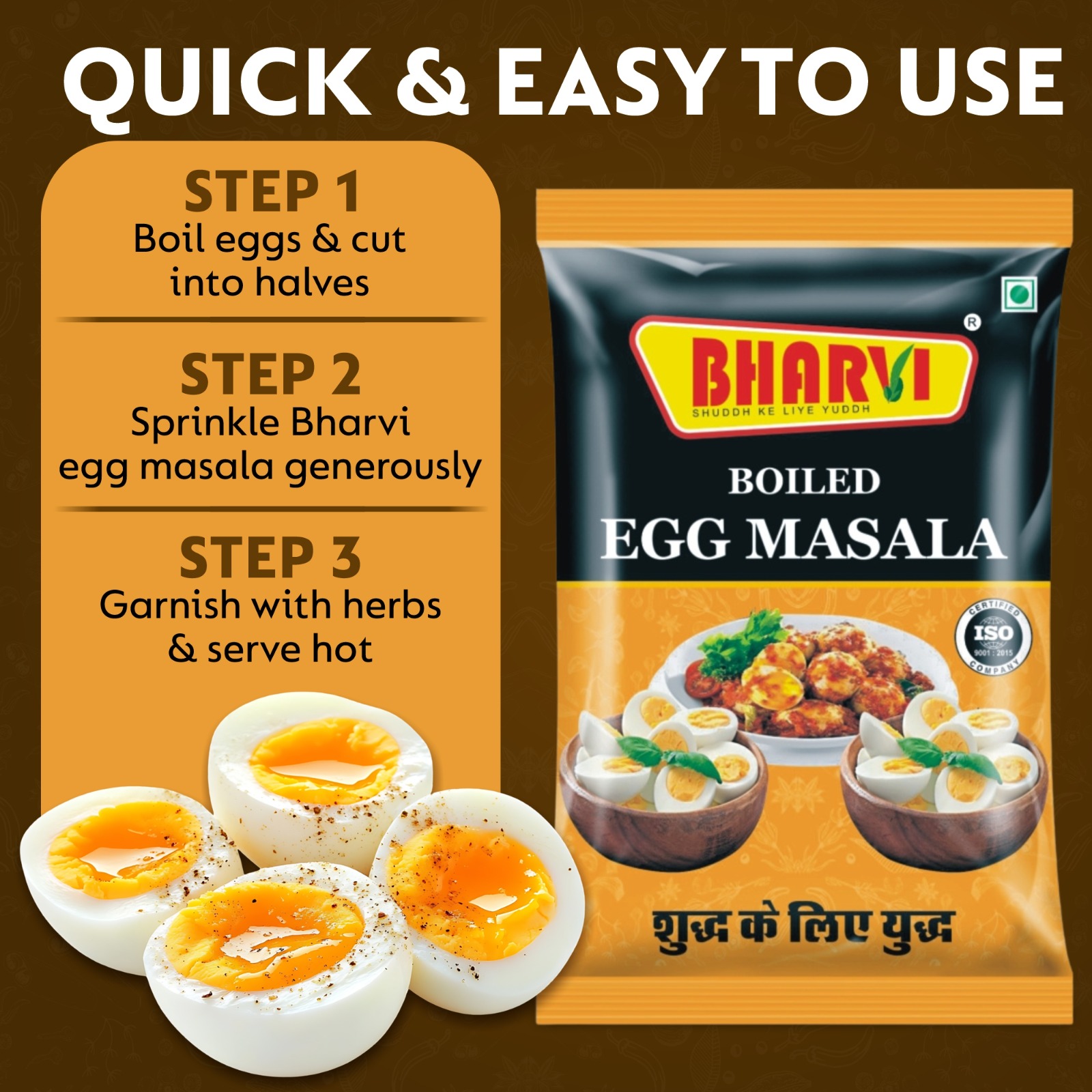 Bharvi Boiled Egg Masala spice blend product packaging, used for seasoning boiled eggs and egg fry
