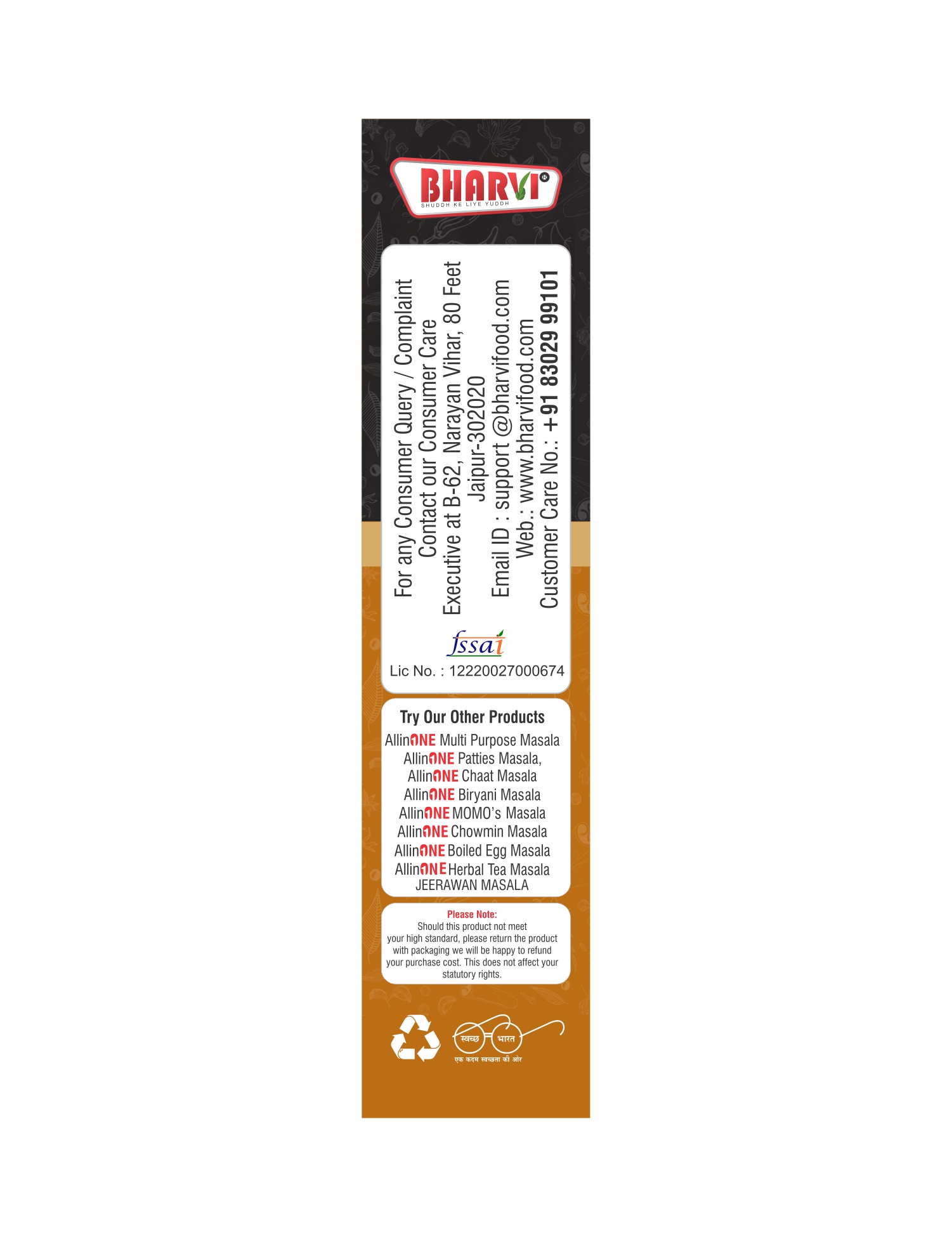 Bharvi Herbal Tea Masala product packaging featuring the 8-spice aromatic and pure blend for wellness tea.