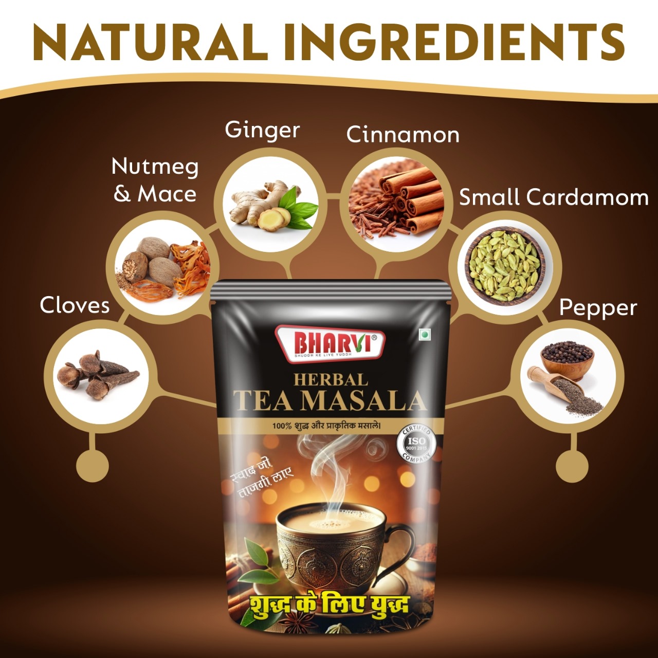 Bharvi Herbal Tea Masala product packaging featuring the 8-spice aromatic and pure blend for wellness tea.
