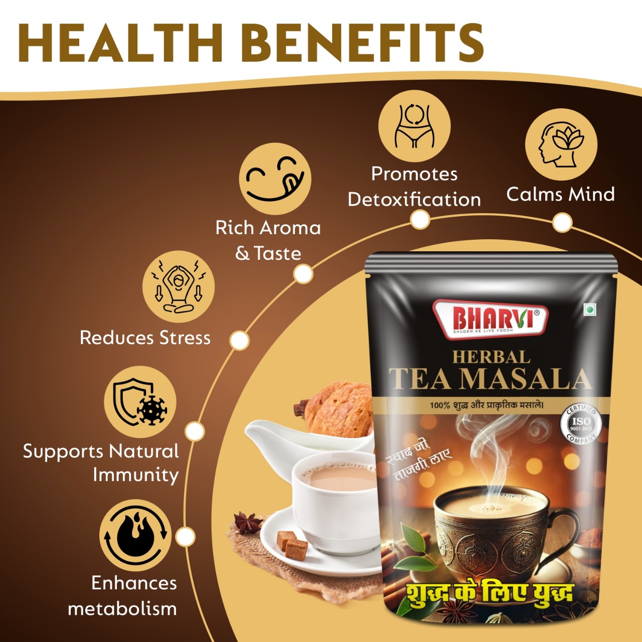 Bharvi Herbal Tea Masala product packaging featuring the 8-spice aromatic and pure blend for wellness tea.