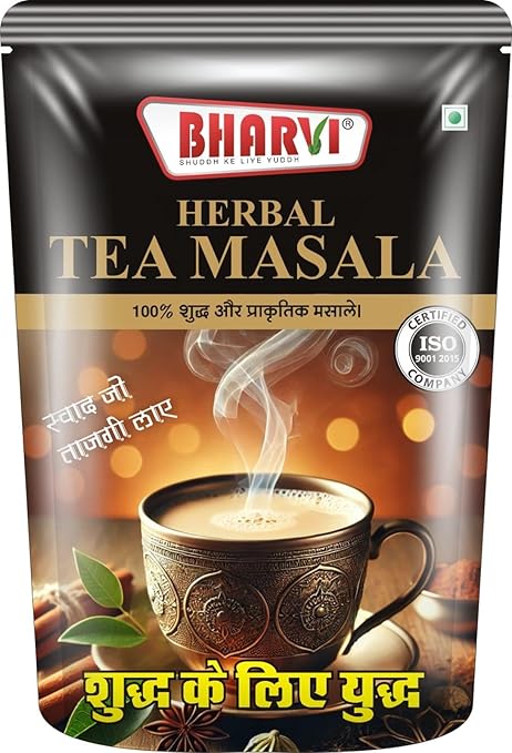 Bharvi Herbal Tea Masala product packaging featuring the 8-spice aromatic and pure blend for wellness tea.