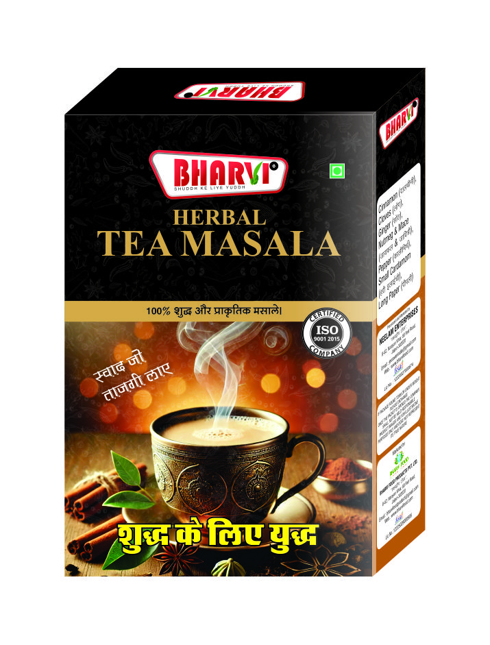 Bharvi Herbal Tea Masala product packaging featuring the 8-spice aromatic and pure blend for wellness tea.