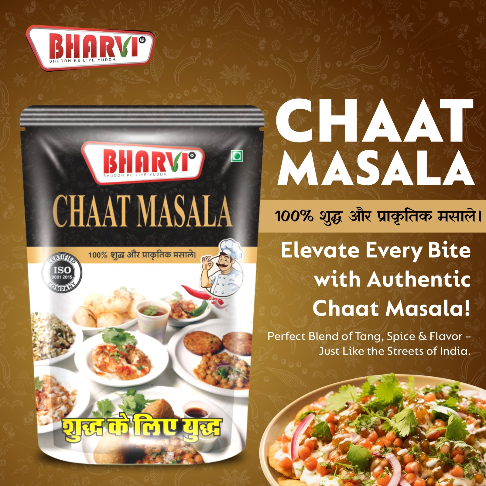 Bharvi Chaat Masala spice blend product packaging. An authentic 21-spice mix providing perfect tang and zest for Chaat, snacks, and fruits.