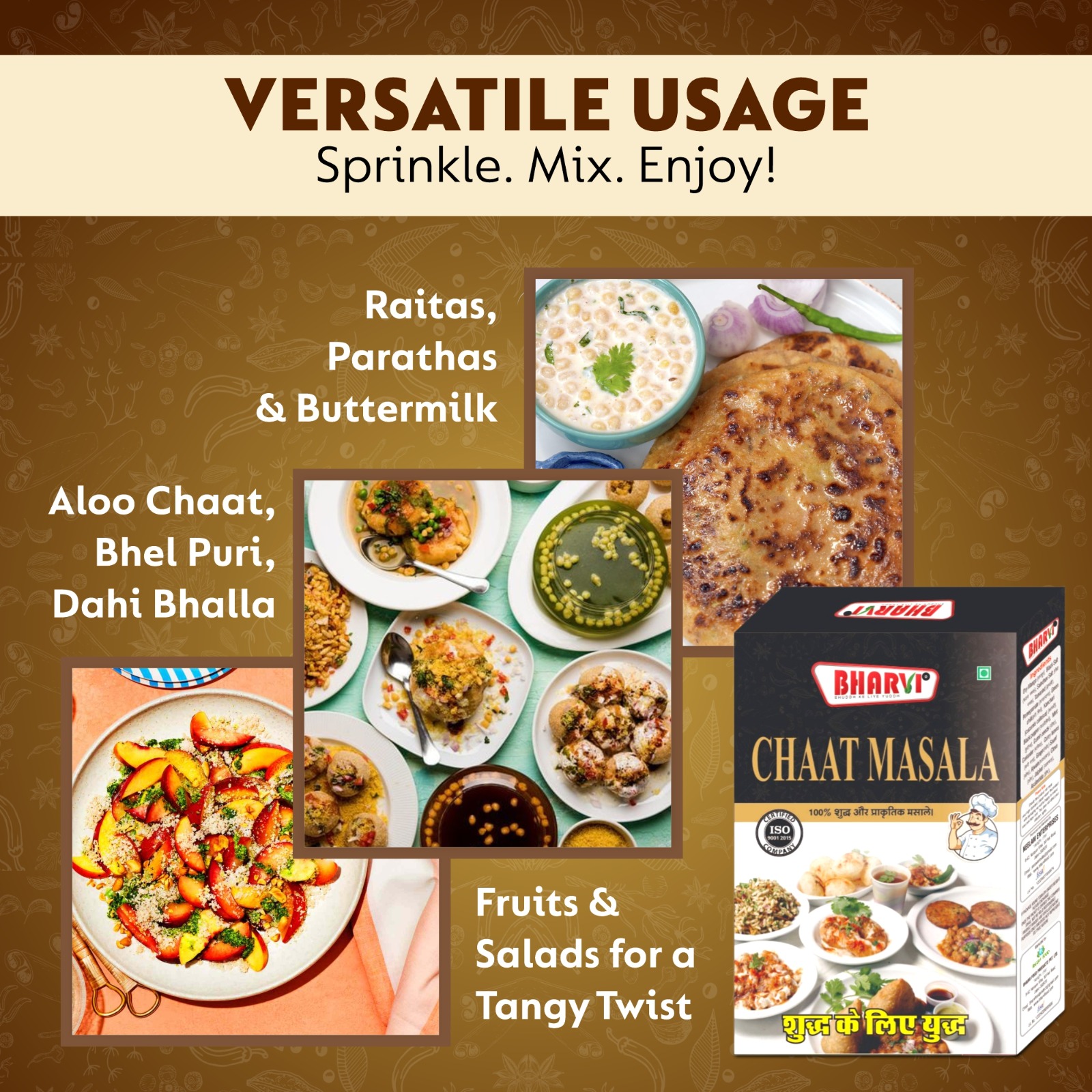 Bharvi Chaat Masala spice blend product packaging. An authentic 21-spice mix providing perfect tang and zest for Chaat, snacks, and fruits.