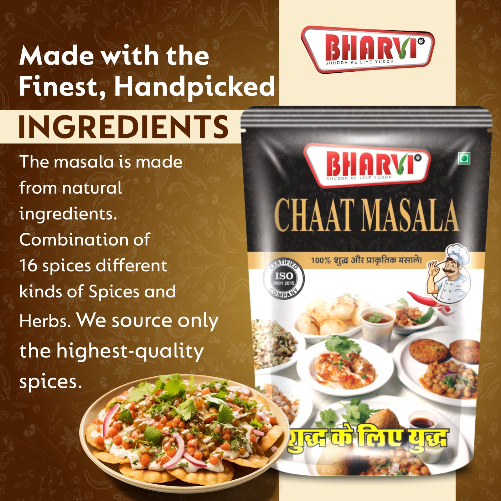 Bharvi Chaat Masala spice blend product packaging. An authentic 21-spice mix providing perfect tang and zest for Chaat, snacks, and fruits.
