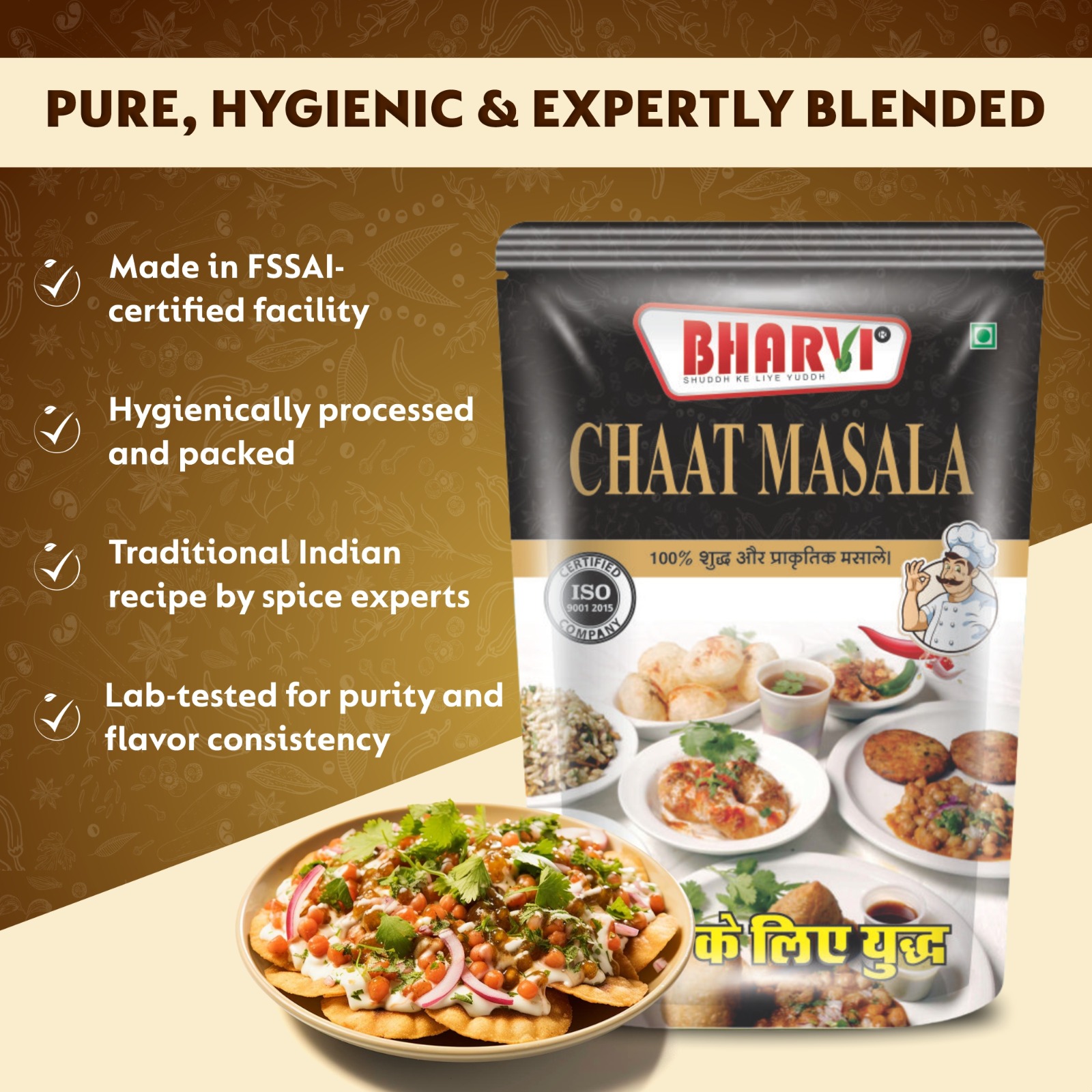 Bharvi Chaat Masala spice blend product packaging. An authentic 21-spice mix providing perfect tang and zest for Chaat, snacks, and fruits.