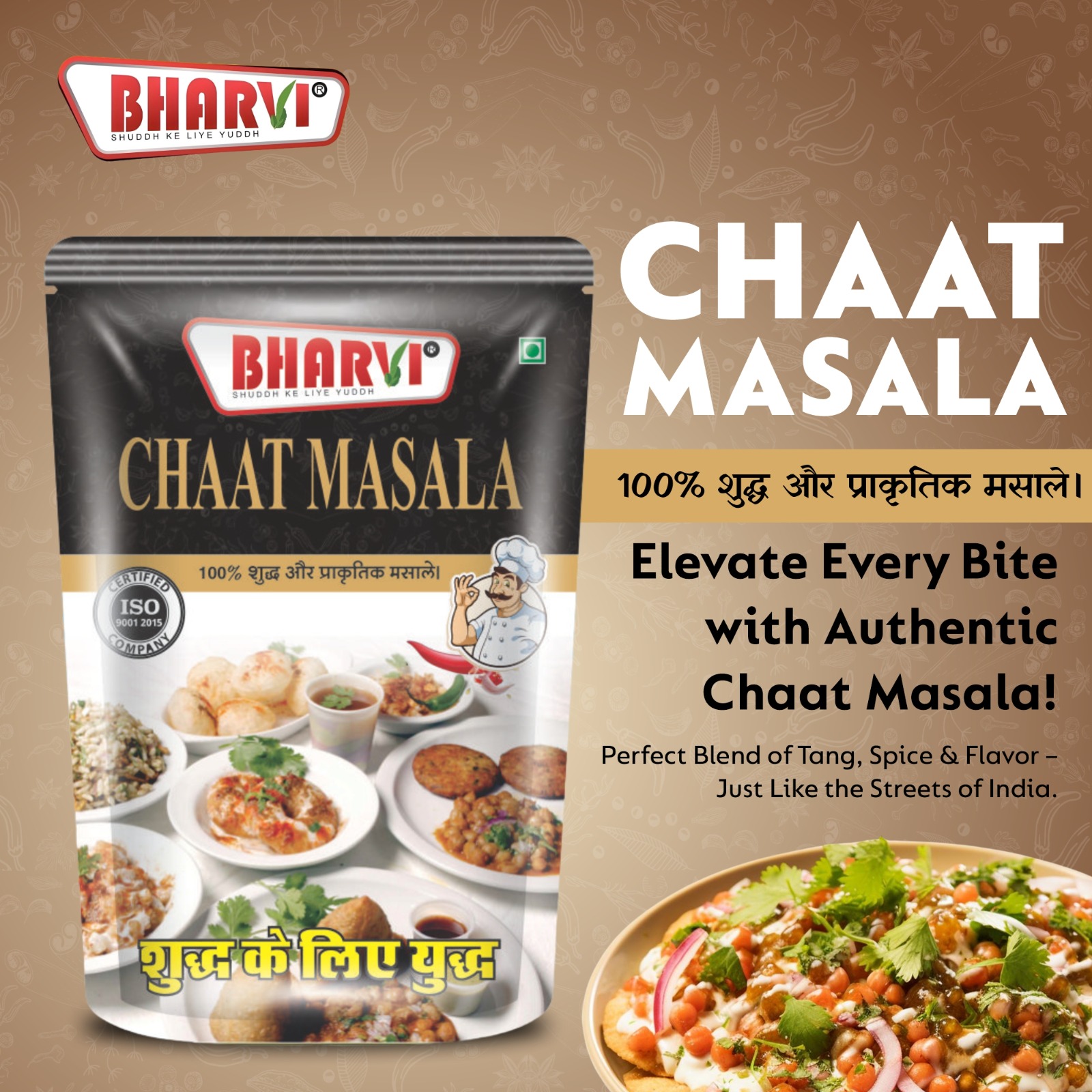Bharvi Chaat Masala spice blend product packaging. An authentic 21-spice mix providing perfect tang and zest for Chaat, snacks, and fruits.