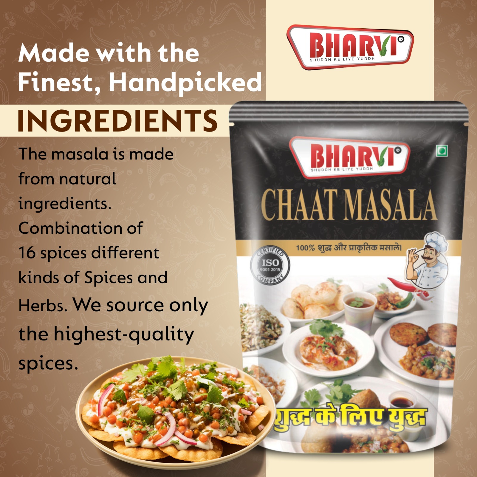 Bharvi Chaat Masala spice blend product packaging. An authentic 21-spice mix providing perfect tang and zest for Chaat, snacks, and fruits.