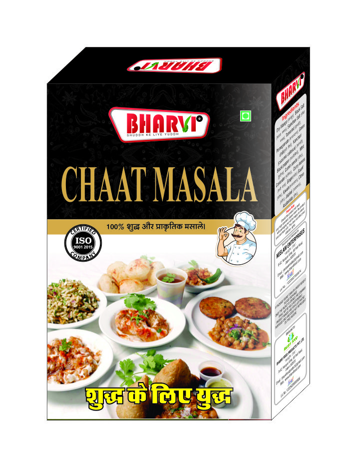 Bharvi Chaat Masala spice blend product packaging. An authentic 21-spice mix providing perfect tang and zest for Chaat, snacks, and fruits.