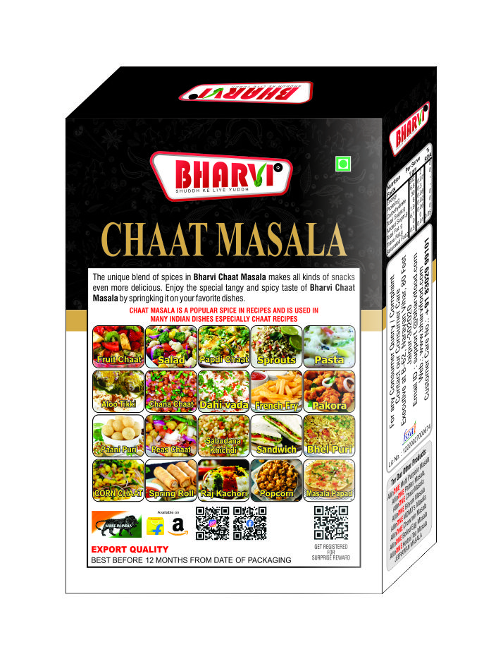 Bharvi Chaat Masala spice blend product packaging. An authentic 21-spice mix providing perfect tang and zest for Chaat, snacks, and fruits.