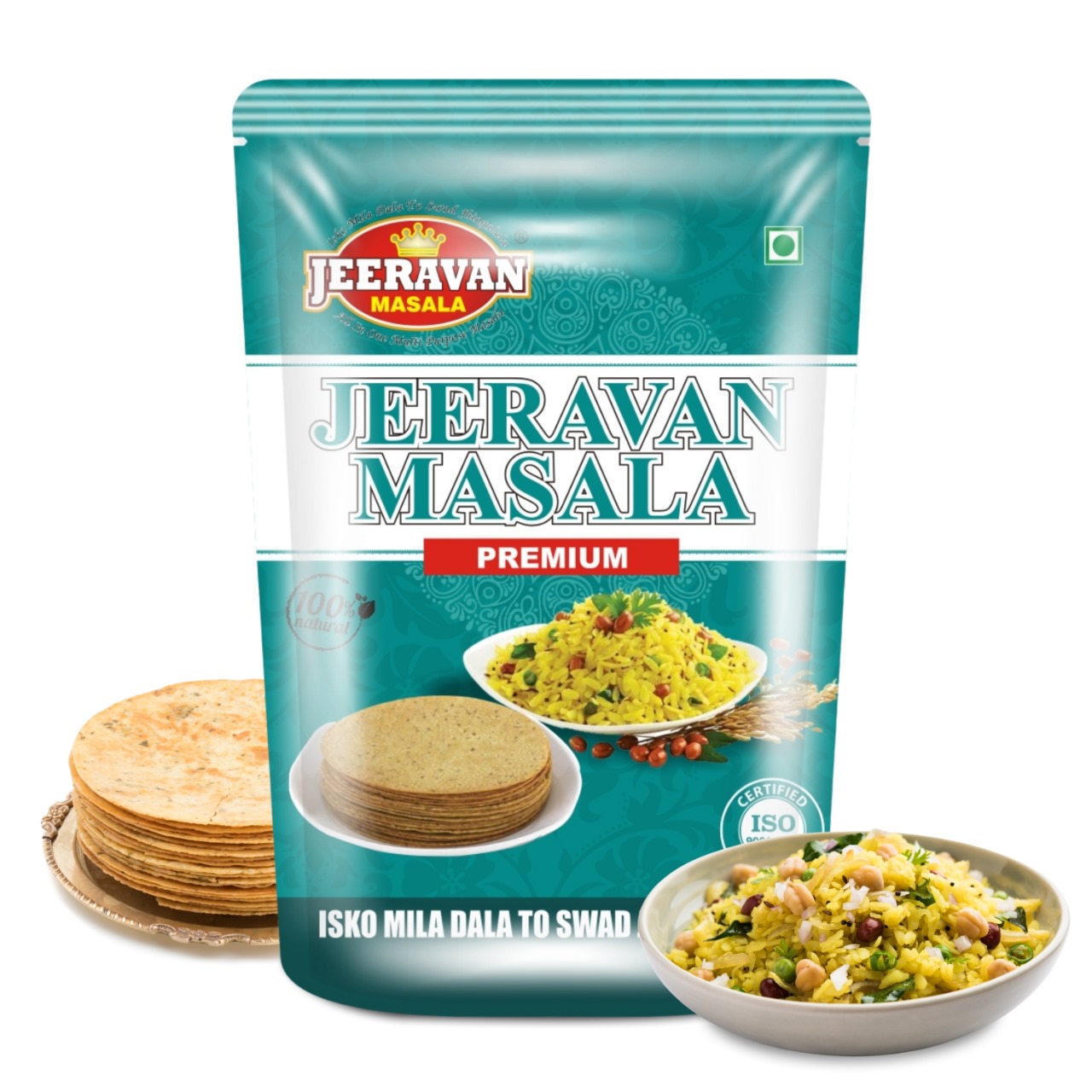 "Packet of authentic Jeeravan Masala showing a blend of 32 spices for Indori Poha and snacks."