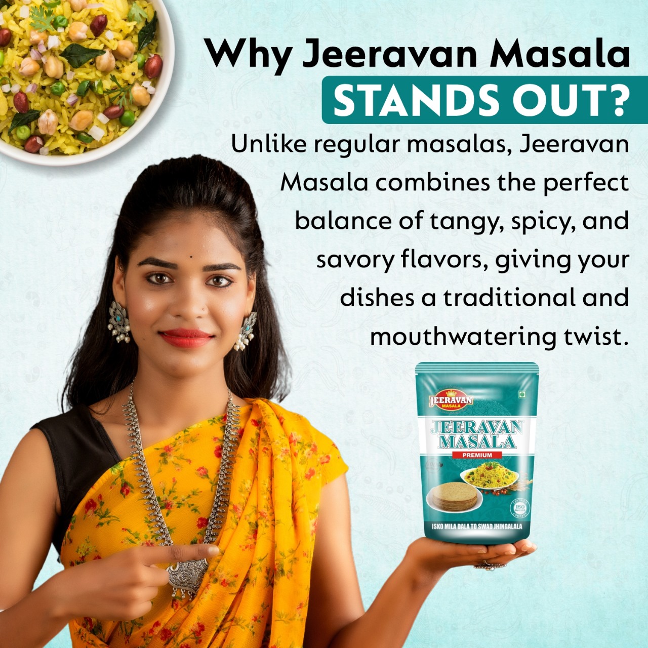 "Packet of authentic Jeeravan Masala showing a blend of 32 spices for Indori Poha and snacks."