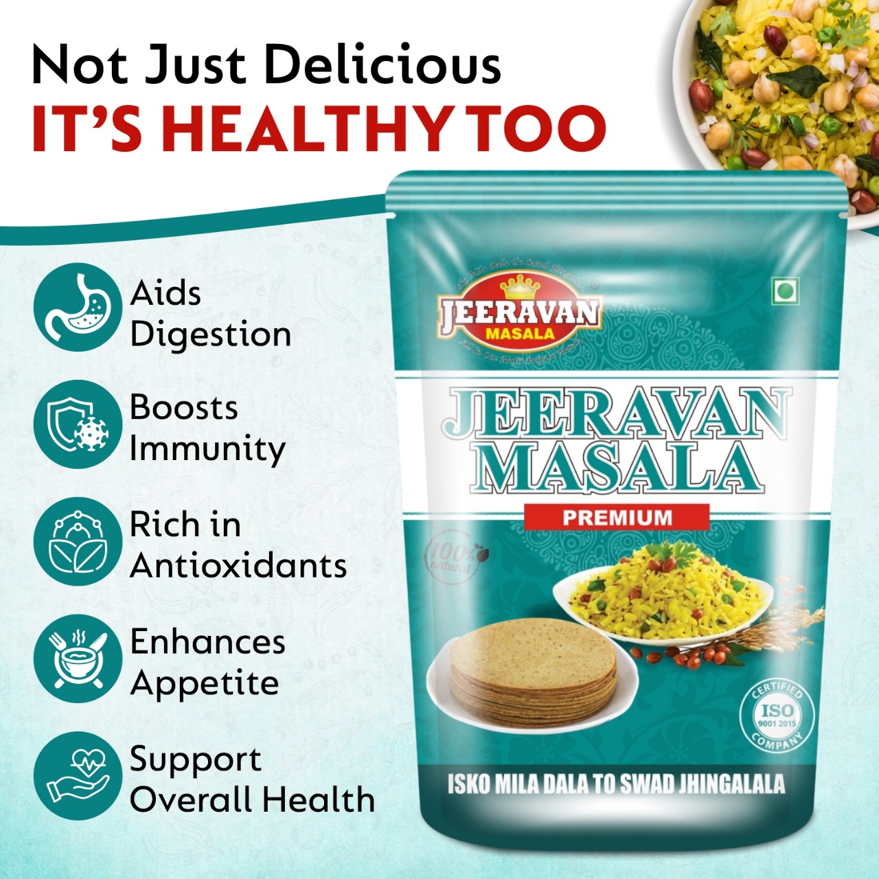 "Packet of authentic Jeeravan Masala showing a blend of 32 spices for Indori Poha and snacks."