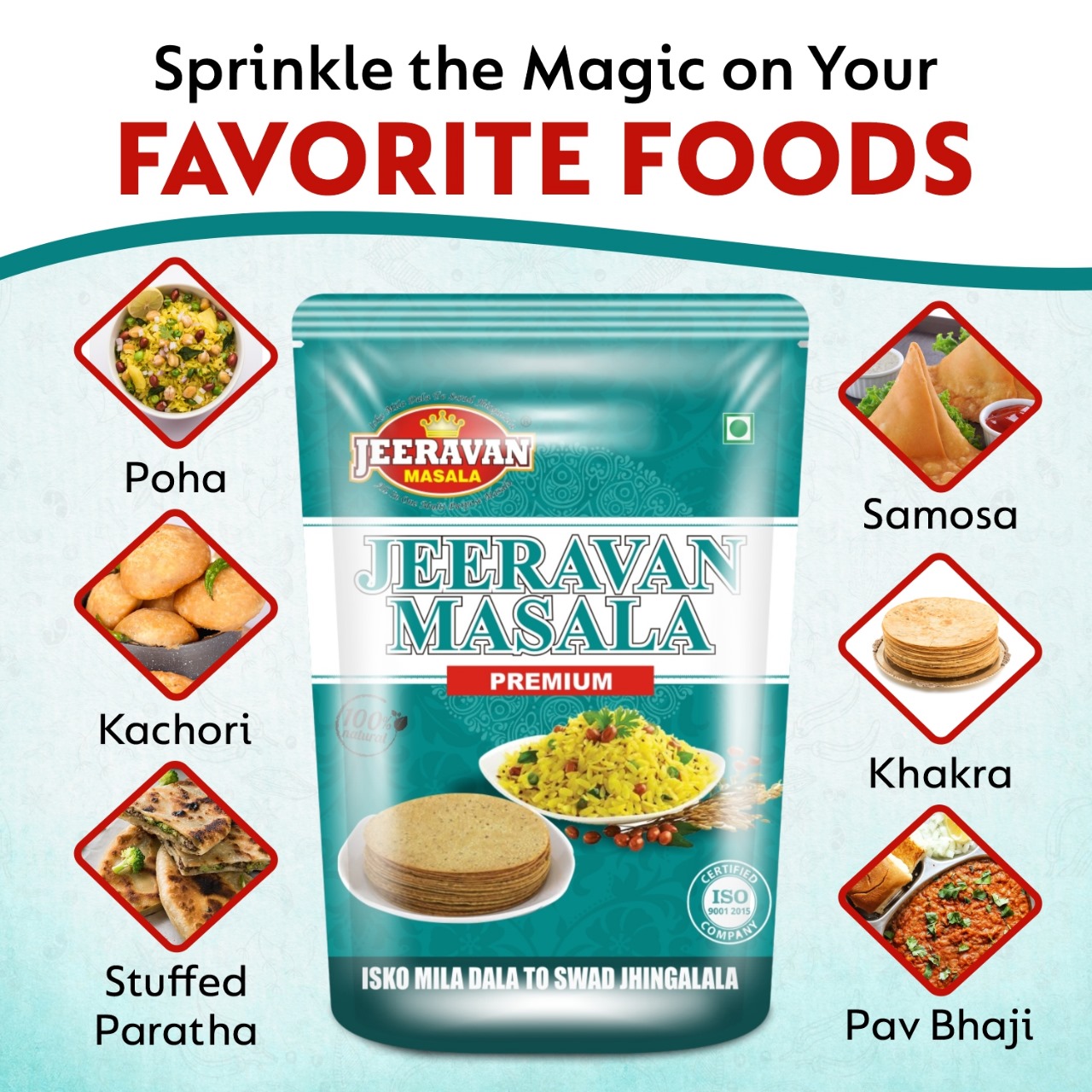 "Packet of authentic Jeeravan Masala showing a blend of 32 spices for Indori Poha and snacks."