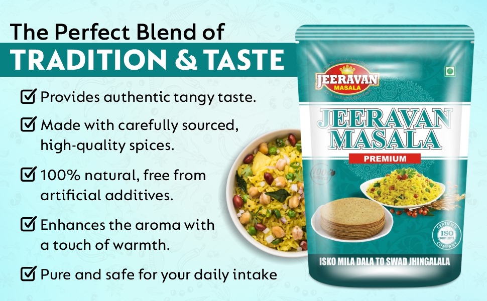 "Packet of authentic Jeeravan Masala showing a blend of 32 spices for Indori Poha and snacks."