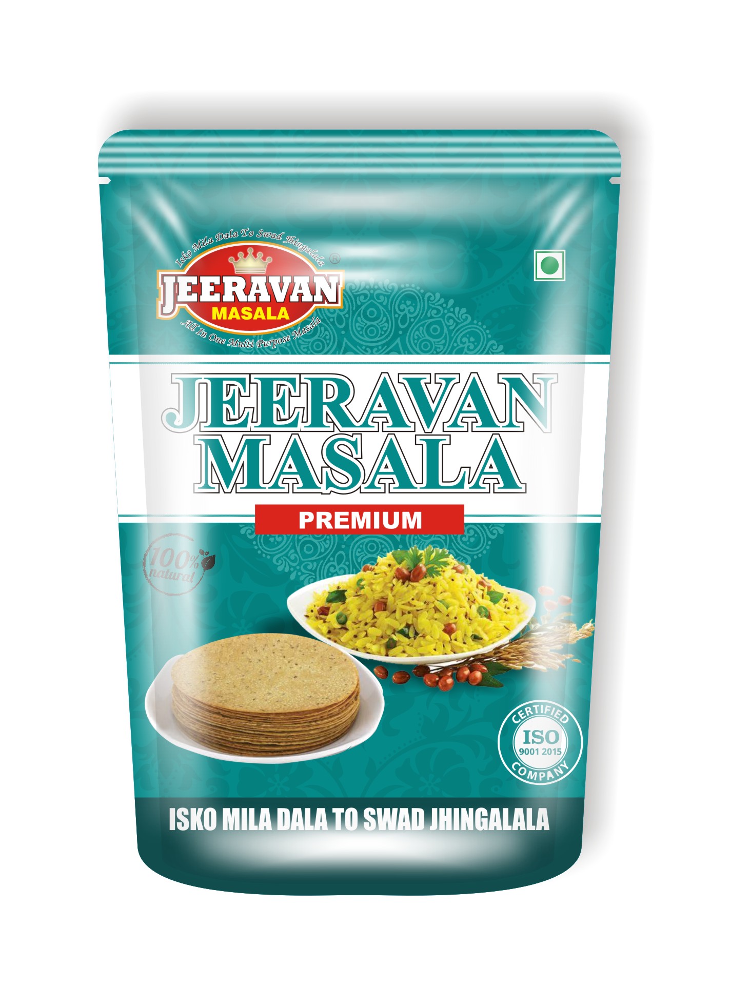 "Packet of authentic Jeeravan Masala showing a blend of 32 spices for Indori Poha and snacks."